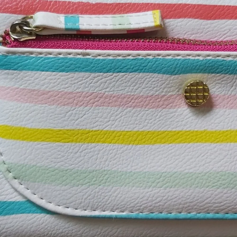 Rainbow Striped Zip Around Wallet Keychain Set Pink Yellow Blue Pastel Kidcore